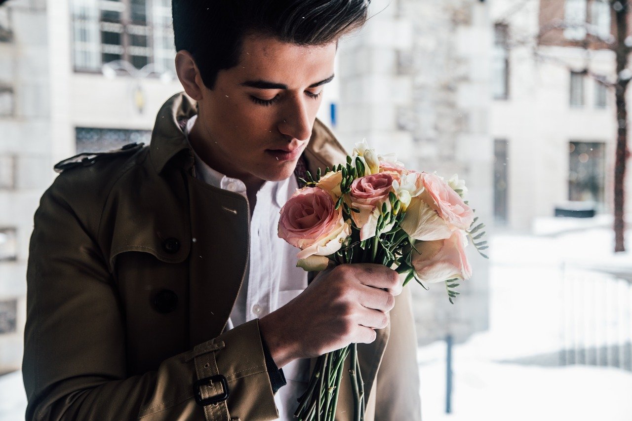 man, model, flowers